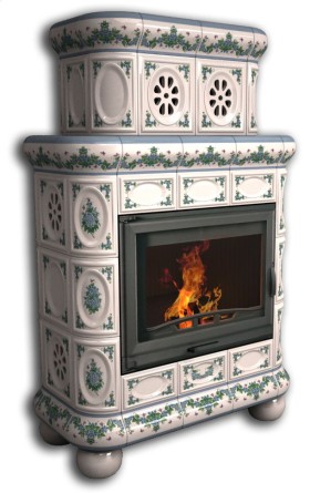 Печь-камин МЕДАЛЬОН центральный двухъярусный (цвет изразцов художественная роспись Незабудки) КИМРпечь               
